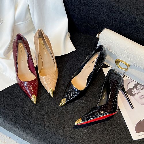 【9厘米】金属防踢细跟法式漆皮百搭单鞋高跟鞋浅口编织纹XL539-36主图