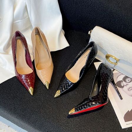 【9厘米】金属防踢细跟法式漆皮百搭单鞋高跟鞋浅口编织纹XL539-36