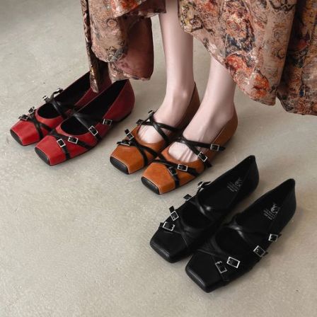 牛皮~2.8cm法式方头浅口单鞋软底小众玛丽珍平底交叉带内增高女鞋