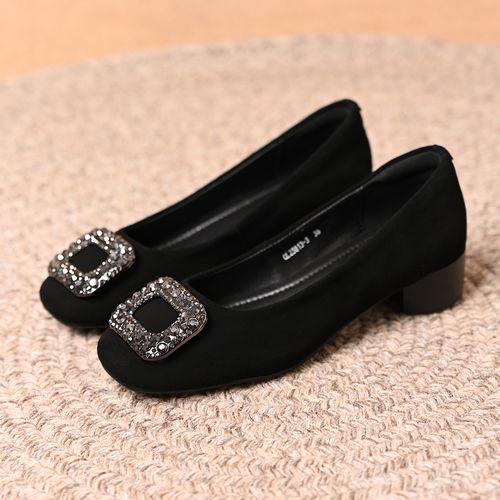 真皮羊皮粗跟单鞋女2025新款浅口晚晚鞋法式气质水钻方扣工作鞋主图