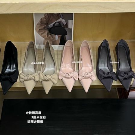 2026春季新款法式气质粉色蝴蝶结尖头高跟鞋显瘦时尚百搭通勤单鞋