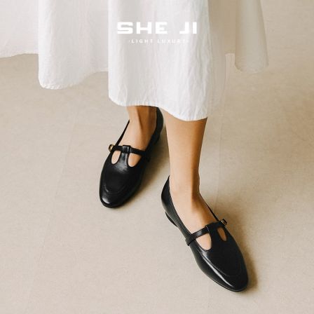 SHEJI奢季 法式复古丁字口擦色水洗牛皮玛丽珍女单鞋