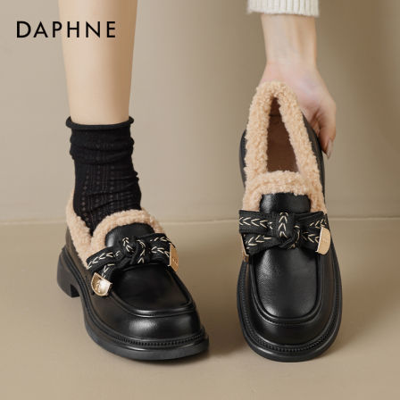 达芙妮黑色乐福鞋女毛毛单鞋子2025新款冬季加绒棉鞋一脚蹬雪地靴