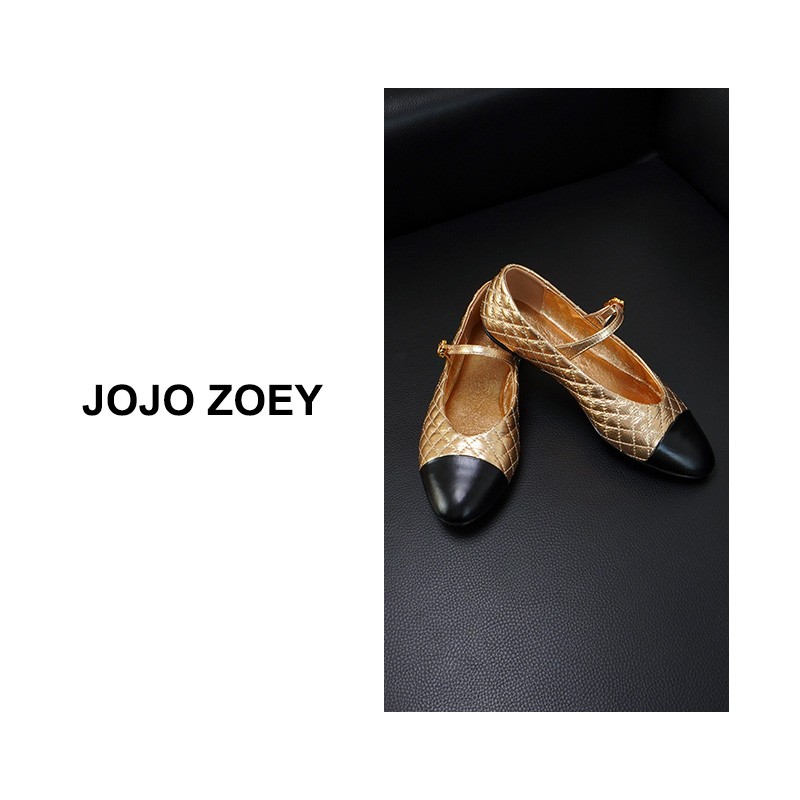 【芭蕾舞曲】~法式金色玛丽珍浅口菱形格小香风一字扣平底鞋ps-4548主图