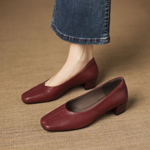 羊皮~3.5cm法式方头浅口单鞋粗跟软底通勤工作鞋简约优雅真皮女鞋主图