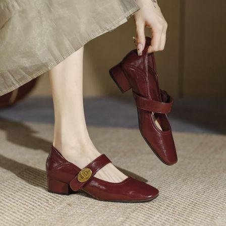 今年爆款安可拉红粗跟单鞋女百搭红色小皮鞋法式方头浅口玛丽珍鞋