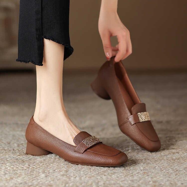 3CM2026年春秋新款单鞋春款粗跟法式百搭真皮复古方头舒适女鞋主图