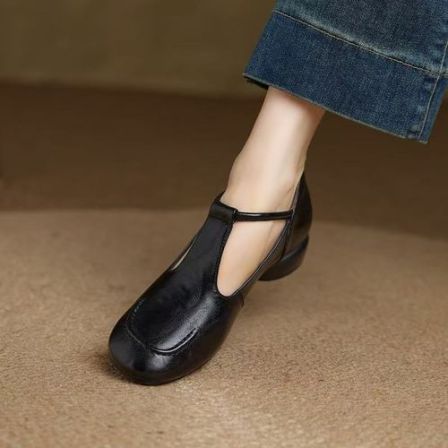  玛丽珍皮鞋女2026春秋季新款圆头粗跟单鞋真皮法式软底复古女鞋