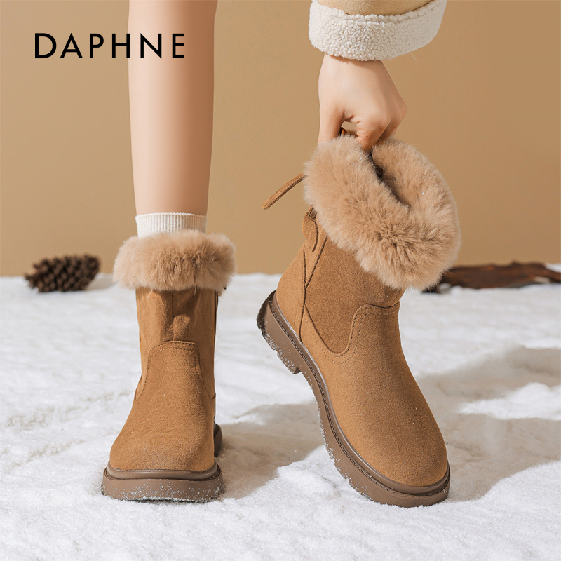 达芙妮厚底雪地靴女2025冬季加绒加厚棕色马丁靴东北保暖面包棉鞋主图