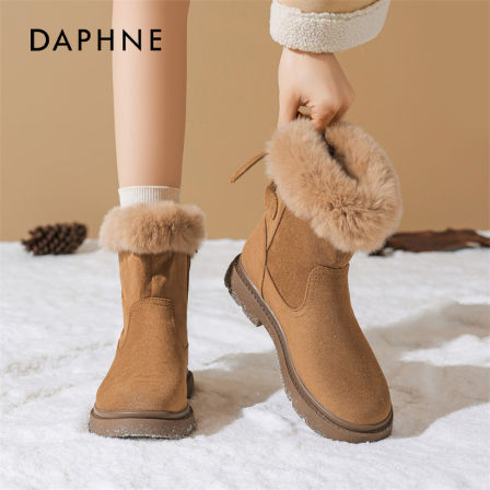 达芙妮厚底雪地靴女2025冬季加绒加厚棕色马丁靴东北保暖面包棉鞋