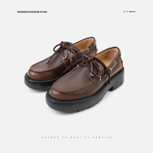 Rongshanyue法式圆头系带厚底乐福鞋女士牛皮莫卡辛鞋德比鞋B1562主图