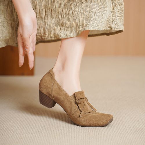 复古反绒牛皮单鞋女2026春季新款方头粗跟小皮鞋舒适中跟真皮女鞋主图