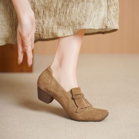 复古反绒牛皮单鞋女2026春季新款方头粗跟小皮鞋舒适中跟真皮女鞋