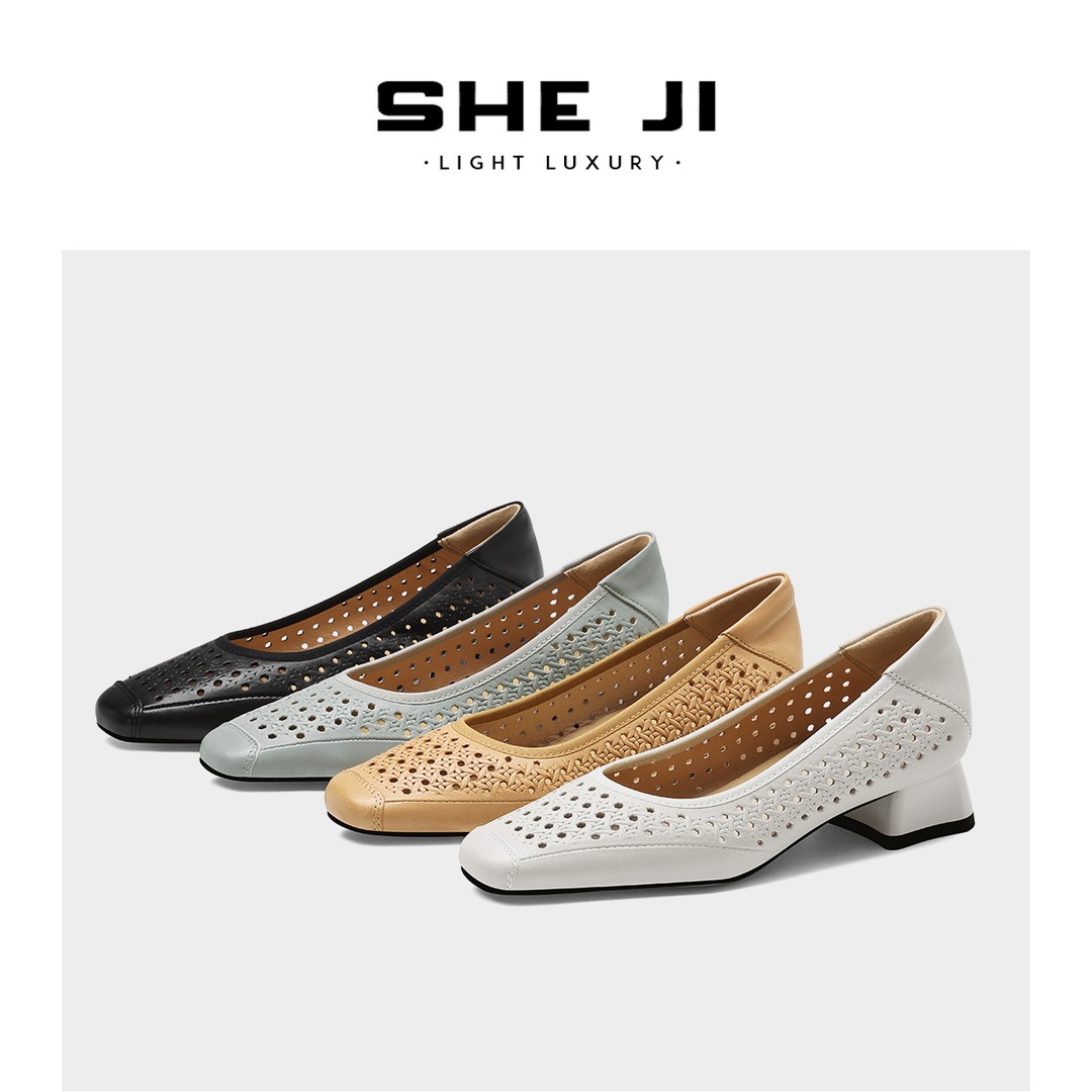 SHEJI奢季  羊皮镂空透气软皮软面粗跟一脚蹬单鞋主图