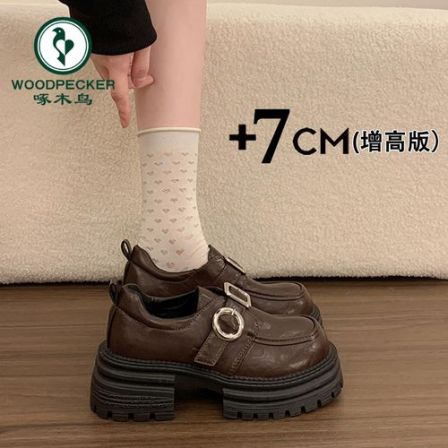 啄木鸟厚底增高黑色乐福鞋女2026新款春季一脚蹬小皮鞋配裙子单鞋