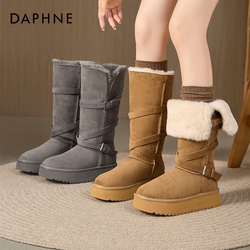 达芙妮长筒雪地靴女2025冬季不过膝厚底加绒东北保暖棉靴增高长靴主图