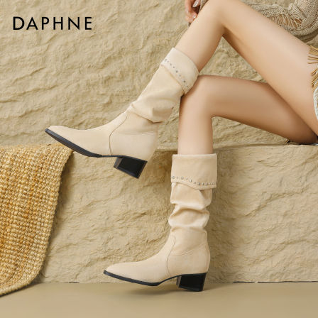 达芙妮高跟中筒靴子美拉德女秋2025新款尖头西部牛仔靴高筒瘦瘦靴