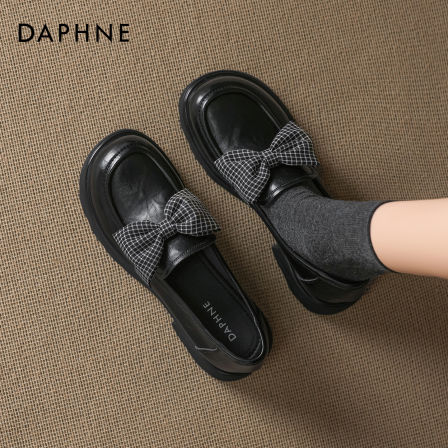 达芙妮黑色乐福鞋女鞋2025新款冬季厚底增高蝴蝶结配裙子单鞋爆款