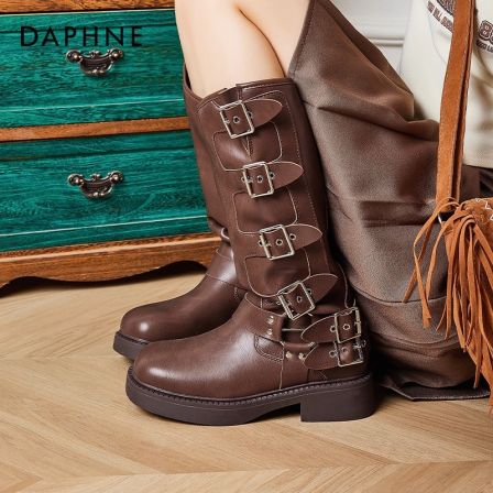 达芙妮长筒靴子女2025秋新款复古厚底骑士靴美拉德棕色牛仔西部靴