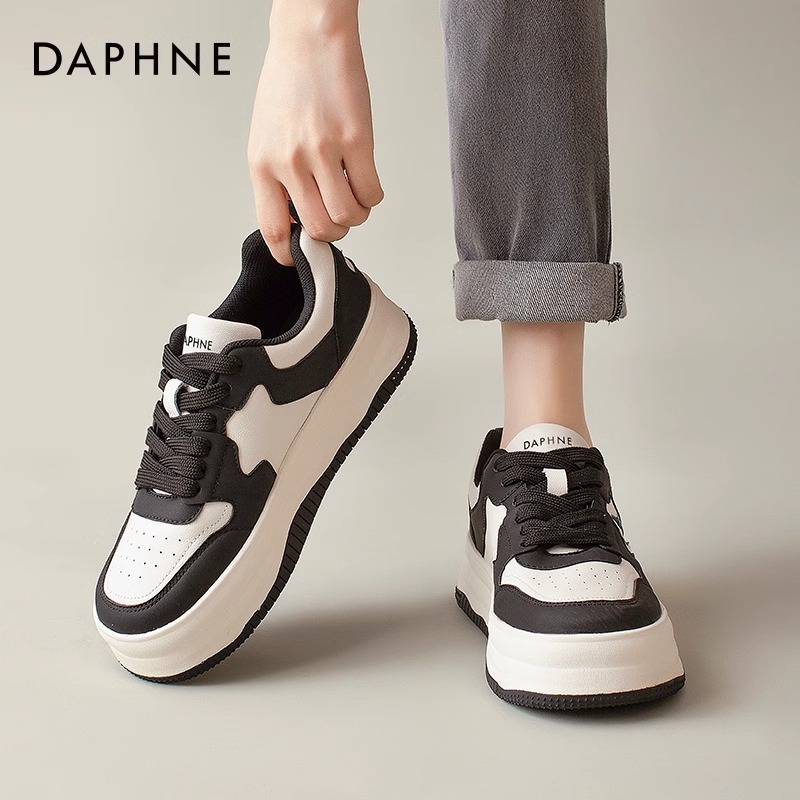 达芙妮熊猫小白鞋女2025春季新款厚底鞋黑白休闲板鞋真皮运动女鞋主图