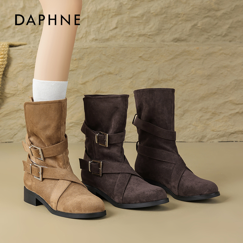 达芙妮美拉德靴子女2025新款秋卡其色短靴两穿翻折复古西部牛仔靴主图