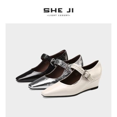 SHEJI奢季 小众设计法式复古浅口胎牛皮玛丽珍坡跟单鞋