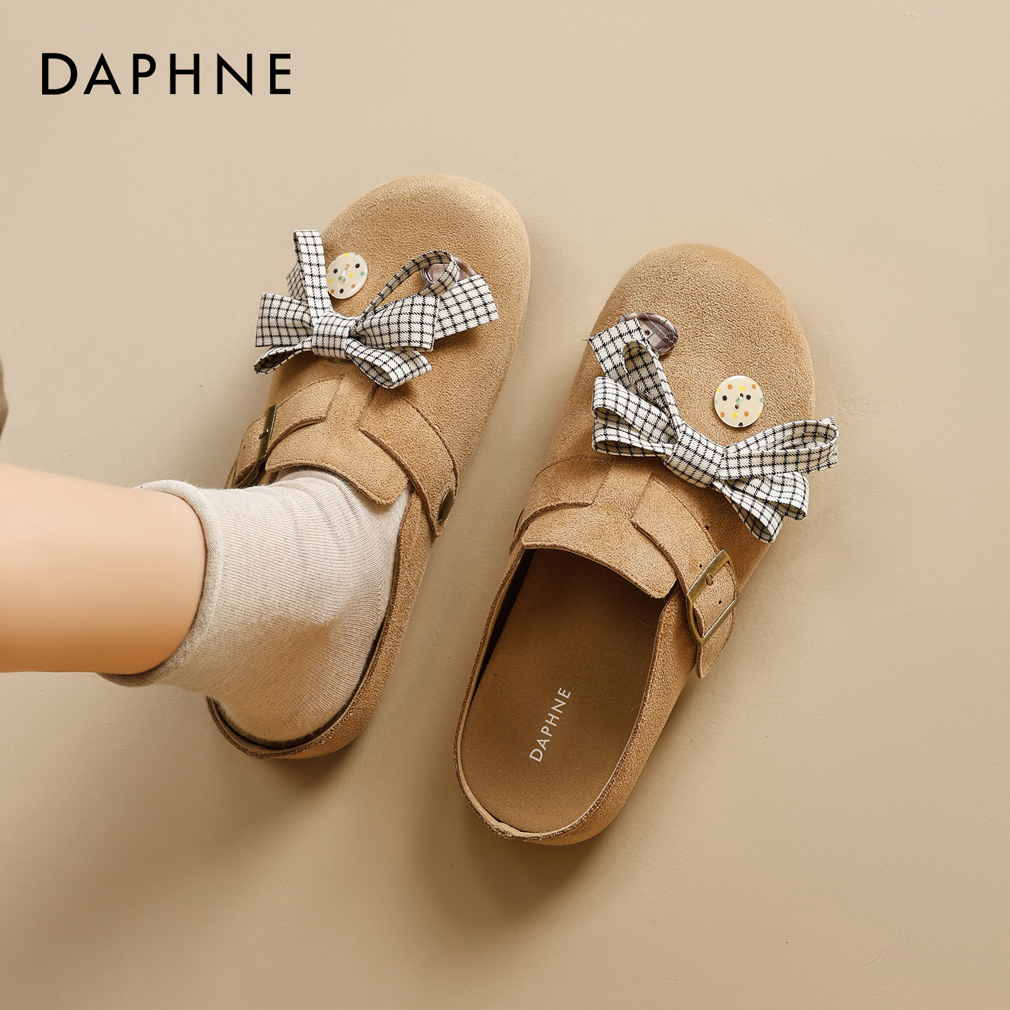 达芙妮厚底勃肯鞋女2025冬季新款包头半拖一脚蹬拖鞋可爱博肯单鞋主图