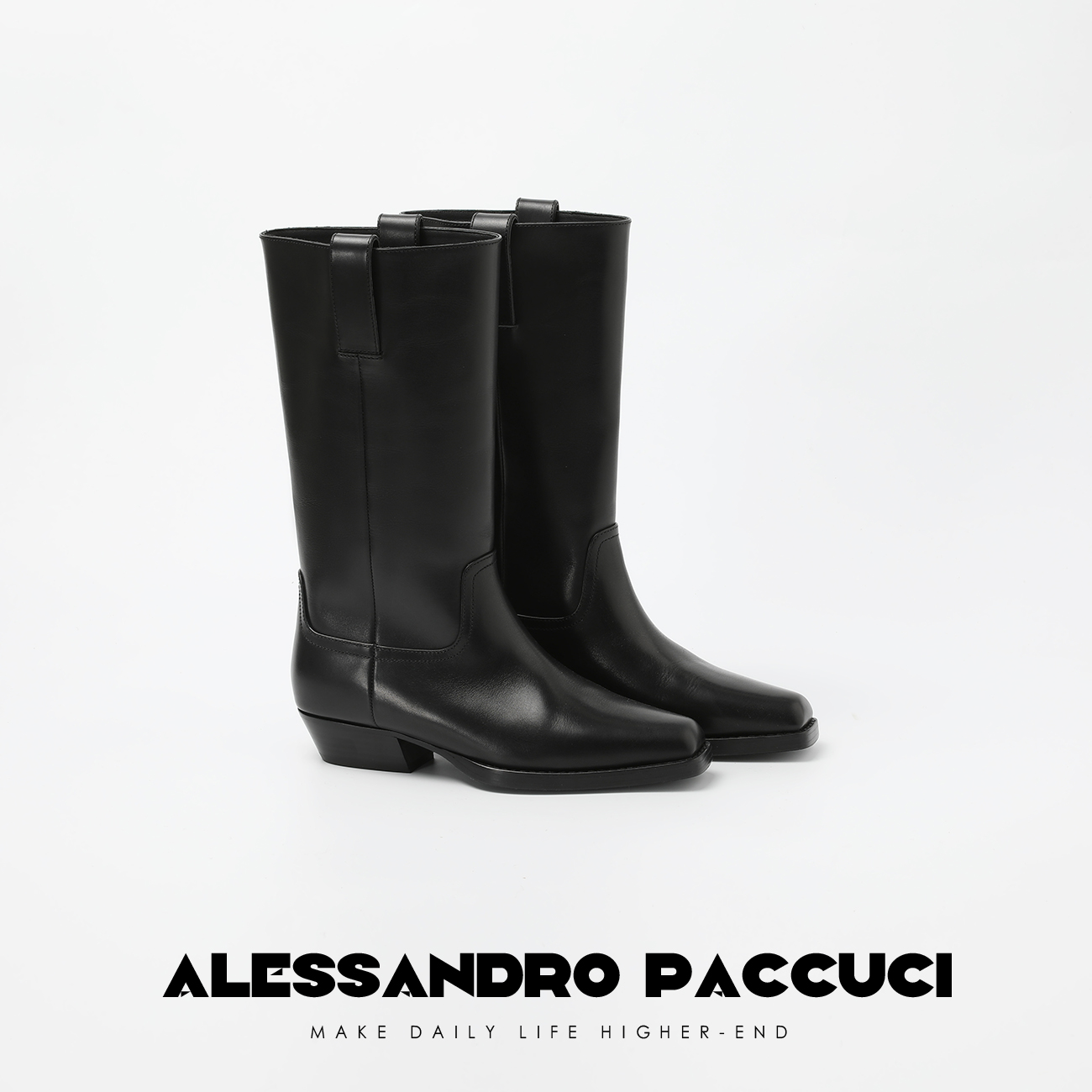 AP洛哥25024X 头层小牛皮+羊皮内里粗跟小方头时尚骑士靴高帮鞋主图