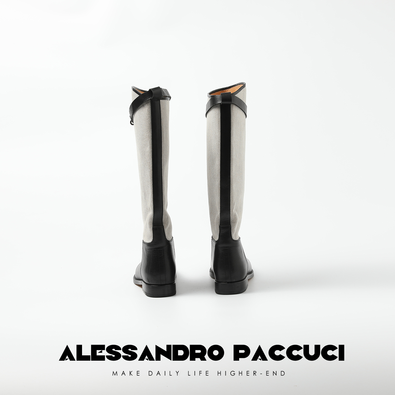 AP洛哥25035X头层小牛皮+帆布长筒时尚百搭个性低跟高帮鞋子主图