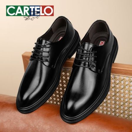卡帝乐鳄鱼男士春季新款内增高男鞋系带透气黑色正装结婚新郎皮鞋