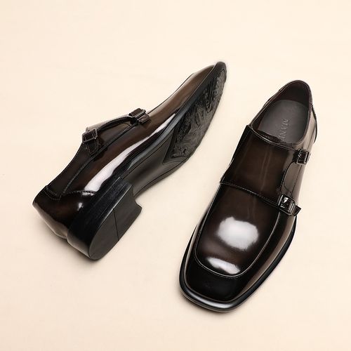 英伦时尚百搭商务休闲方头一脚蹬亮面孟克乐福型男高端搭扣男鞋主图