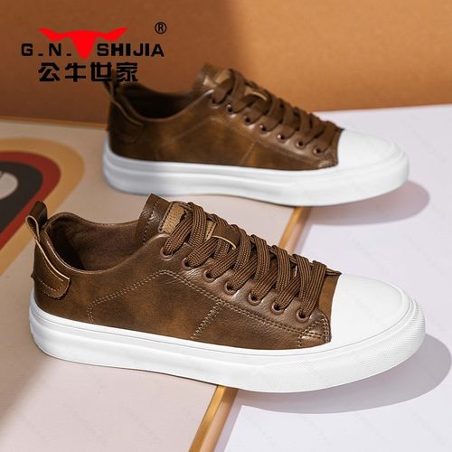 公牛世家皮革拼接拼色软底男板鞋秋季新款复古百搭厚底小皮鞋男鞋主图