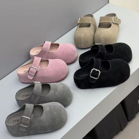 广州欧货【糖果包头】早春5cm勃肯圆头洋气轻奢纯色娃娃包头拖A0055