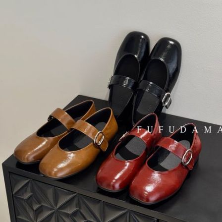 【胖福福大码女鞋】红色鞋子玛丽珍鞋女软底法式浅口平底皮带扣单鞋