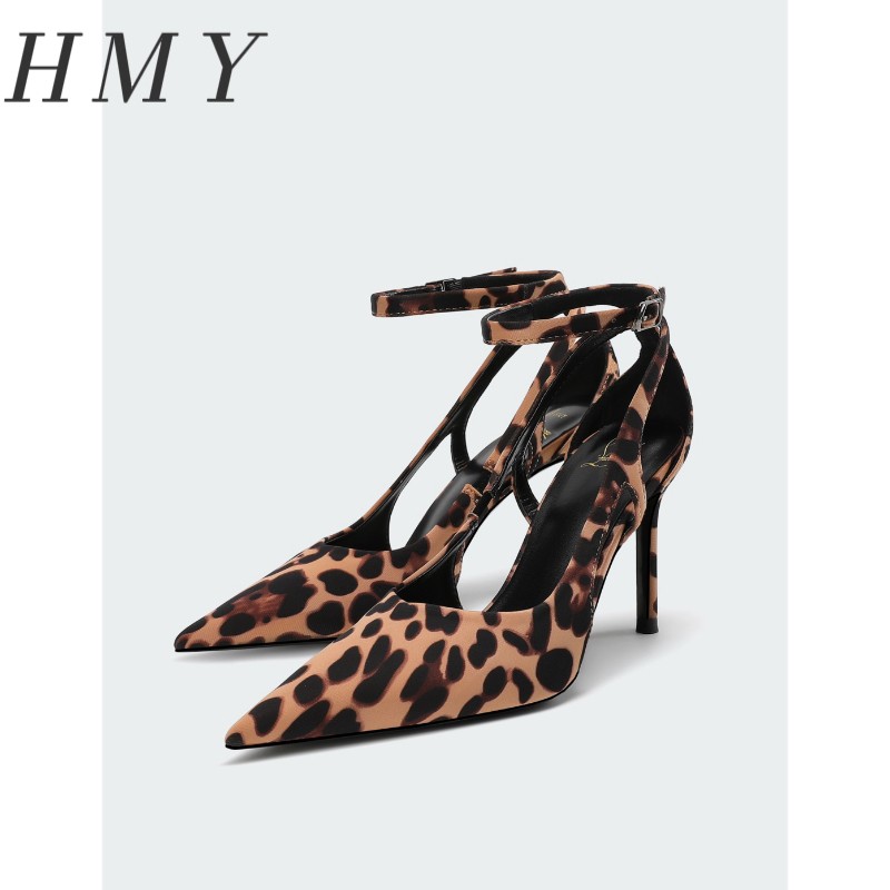 包头法式一字式扣带细跟高跟鞋豹纹经典设计师女鞋主图