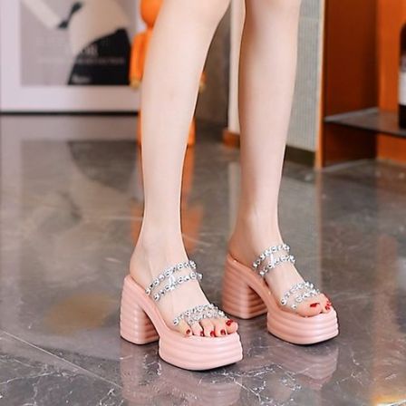 厚底高跟凉拖鞋女2024夏季新款露趾粗跟仙女风透明水钻外穿一字拖