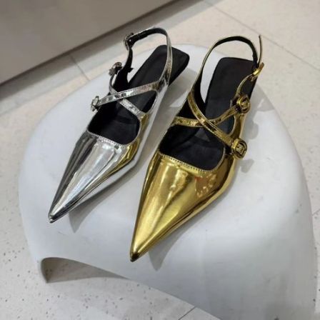 法式银色尖头高跟包头凉鞋女款绝美后空浅口单鞋性感时尚性感女鞋