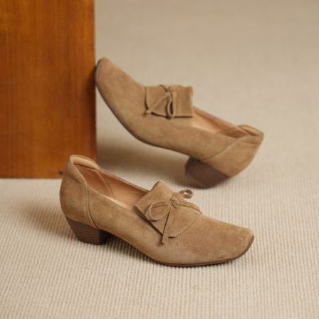 牛翻皮深口单鞋软底软面蝴蝶结玛丽珍粗跟复古百搭英伦风真皮女鞋