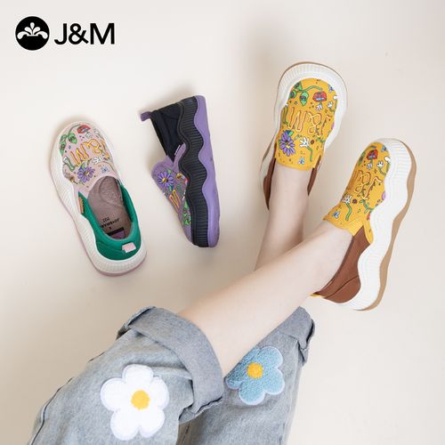 J&M/快乐玛丽新款涂鸦乐福鞋软底厚底百搭舒适低帮休闲女鞋87978W主图