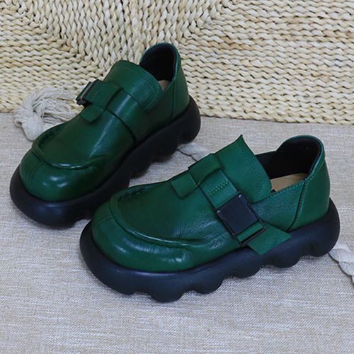 风美嵩情半水洗牛皮绿色真皮单鞋女头层牛皮乐福鞋大头皮鞋女厚底主图
