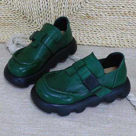 风美嵩情半水洗牛皮绿色真皮单鞋女头层牛皮乐福鞋大头皮鞋女厚底