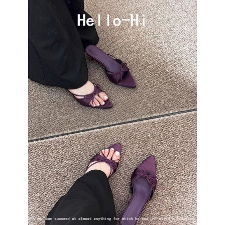 羊皮版~拖鞋外穿高级感气质尖头缎面蝴蝶结猫跟绝美不累脚凉拖鞋