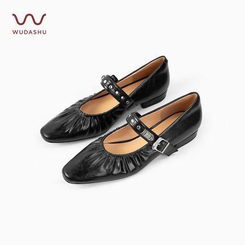 【WUDASHU】春季新款百搭方头低跟真皮卡扣玛丽珍法式浅口单鞋主图