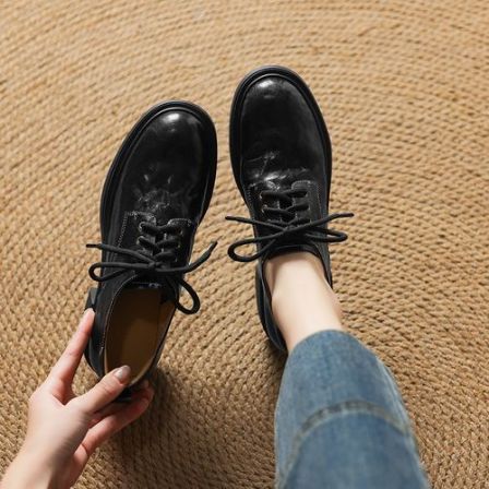 羊皮~5cm复古深口单鞋女粗跟系带英伦风小皮鞋厚底真皮高跟乐福鞋