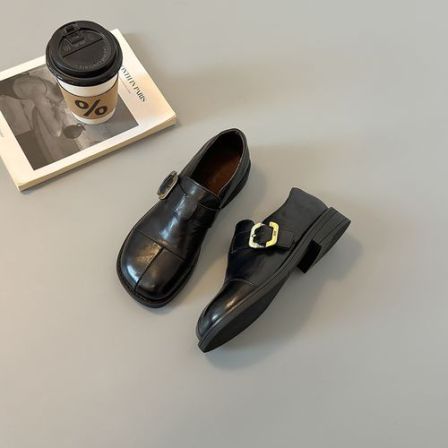 2026春款方形金属扣英伦风复古乐福小皮鞋一脚蹬百搭中跟女皮鞋