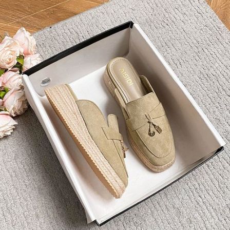 法式真皮半拖渔夫鞋女新款麻绳编织厚底增高包头半托一脚蹬穆勒鞋