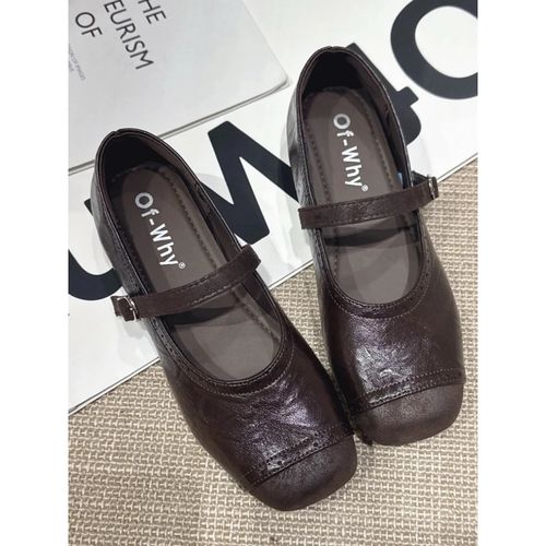 2026春季款复古风一字扣玛丽珍鞋女黑色软皮平底芭蕾舞鞋方头单鞋主图