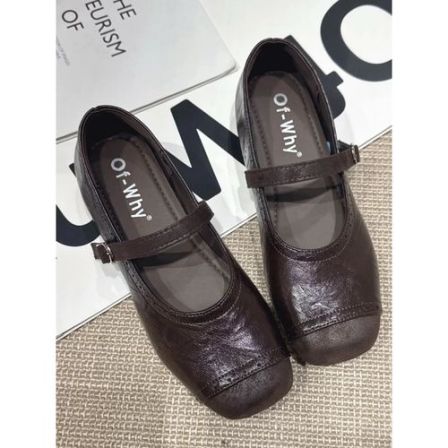 2026春季款复古风一字扣玛丽珍鞋女黑色软皮平底芭蕾舞鞋方头单鞋