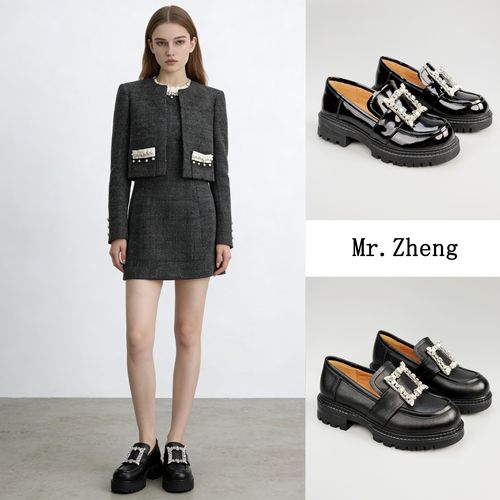 Mr.Zheng/3.5cm/水钻方扣乐福鞋2026年春季新款真皮单鞋女主图