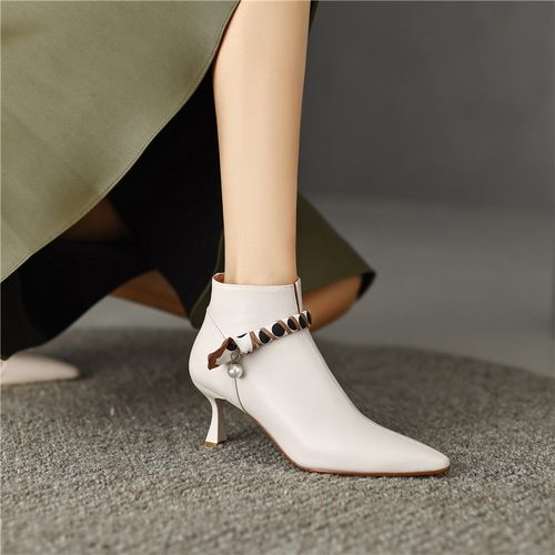 运费险！法式小短靴及踝靴冬季尖头高跟鞋女细跟真皮裸靴高级女鞋主图
